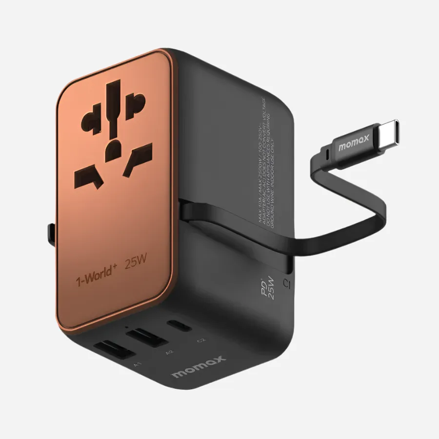 1-World  3-Port Travel Charger Built-In USB-C Cable 25W Wall Charger