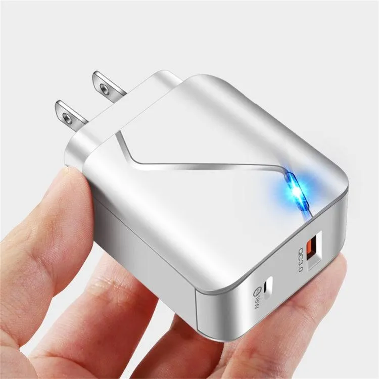 18W Dual USB-C & QC3.0 Travel Charger Set with Fast Charging Data Cable and Indicator Light, US Plug