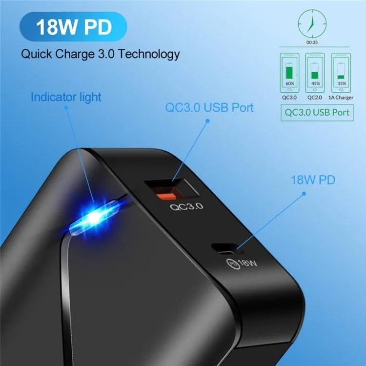 18W Dual USB-C & QC3.0 Travel Charger Set with Fast Charging Data Cable and Indicator Light, US Plug