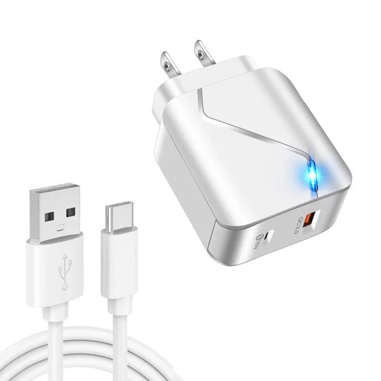 18W Dual USB-C & QC3.0 Travel Charger Set with Fast Charging Data Cable and Indicator Light, US Plug