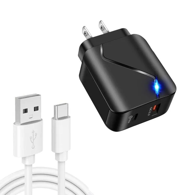 18W Dual USB-C & QC3.0 Travel Charger Set with Fast Charging Data Cable and Indicator Light, US Plug