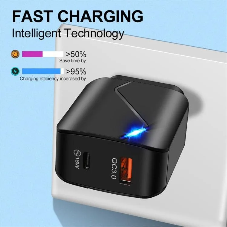 18W Dual USB-C & QC3.0 Travel Charger Set with Fast Charging Data Cable and Indicator Light, US Plug