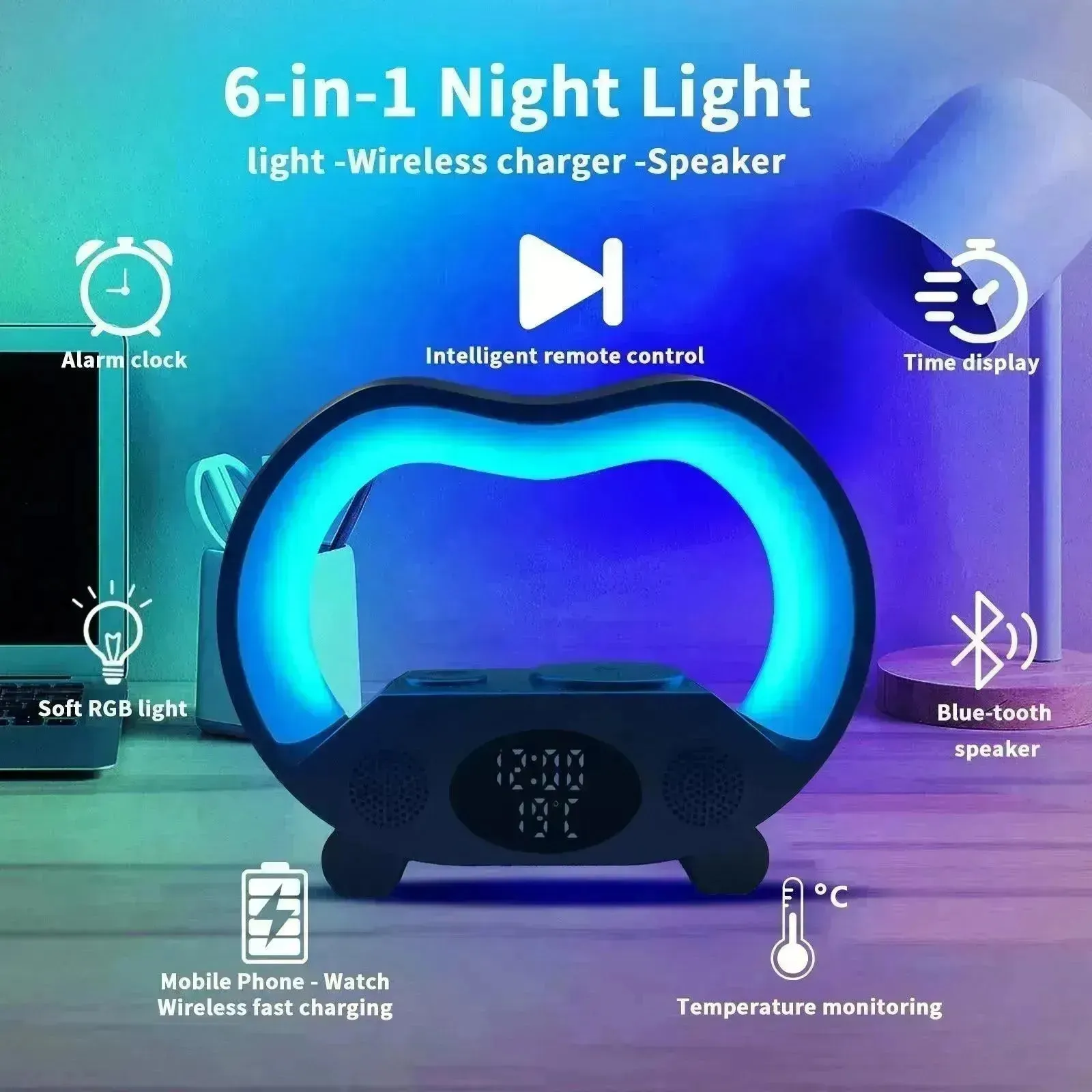 2024 New 6 In 1 Smart Remote Control Bluetooth Ambience Intelligent LED Table Lamp Multi-function Wireless Charger Night Light Bluetooth Speaker