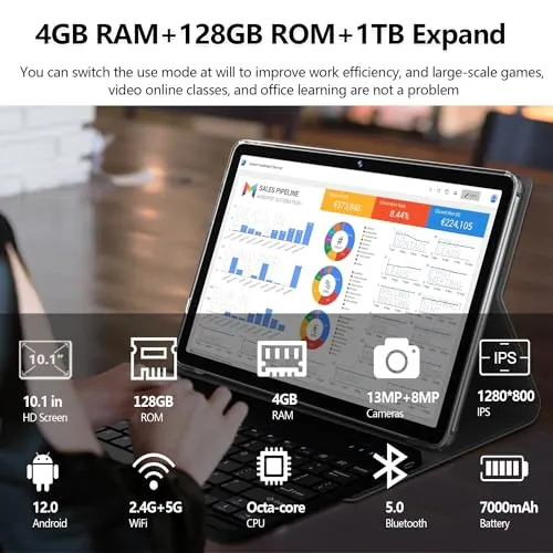 2024 Newest 2 in 1 Tablet 128GB Storage 1TB Expand 10 inch Tablets, 2.4G&5G WIFI Tablet PC, Android 12 Tablet with Keyboard, Octa Core HD Touchscreen 13MP Dual Camera GMS Tablet with Case Mouse (Gray)