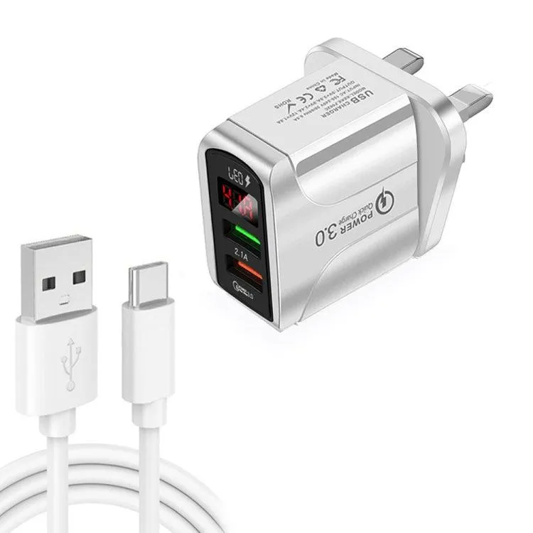 20W QC3.0 USB Fast Charger with LED Display & USB Type-C Data Cable, UK Plug