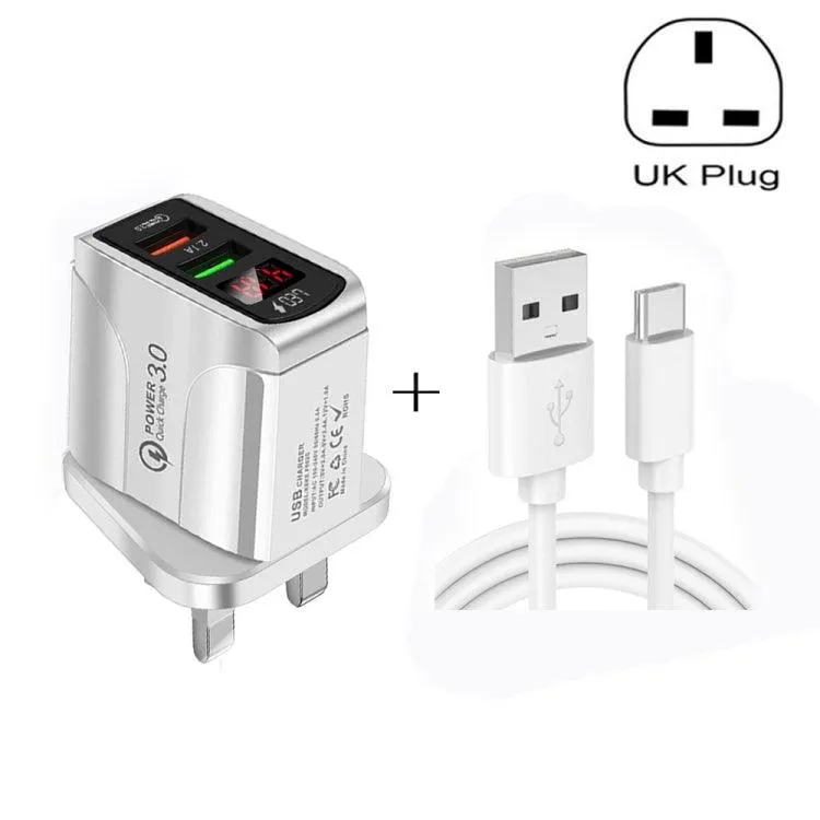 20W QC3.0 USB Fast Charger with LED Display & USB Type-C Data Cable, UK Plug