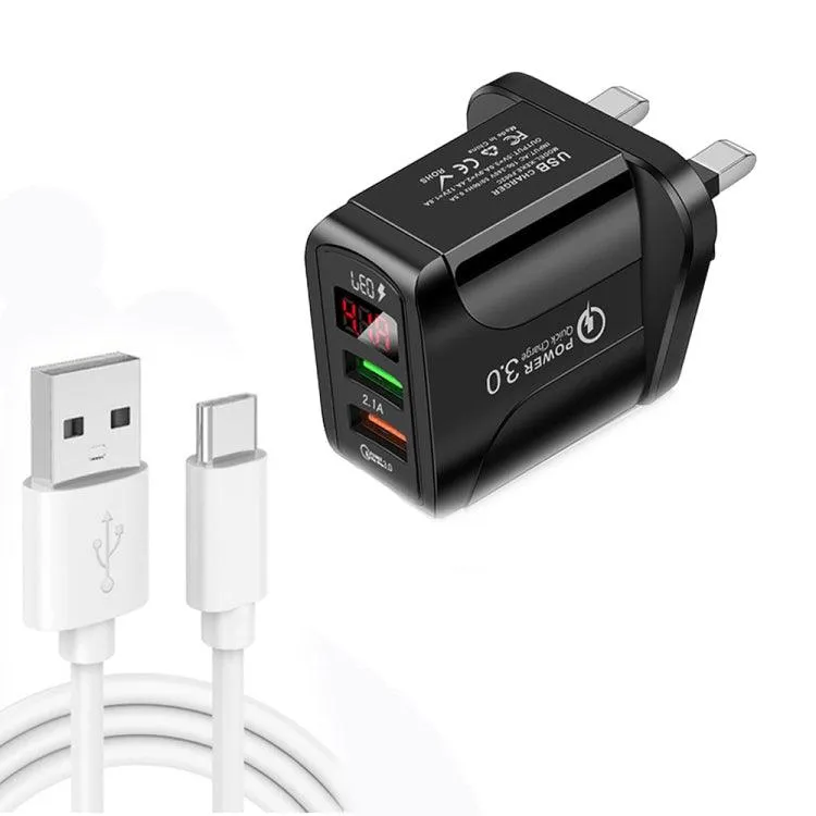 20W QC3.0 USB Fast Charger with LED Display & USB Type-C Data Cable, UK Plug