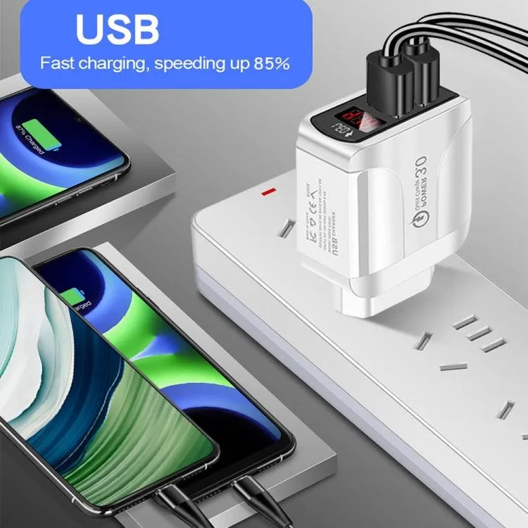 20W QC3.0 USB Fast Charger with LED Display & USB Type-C Data Cable, UK Plug