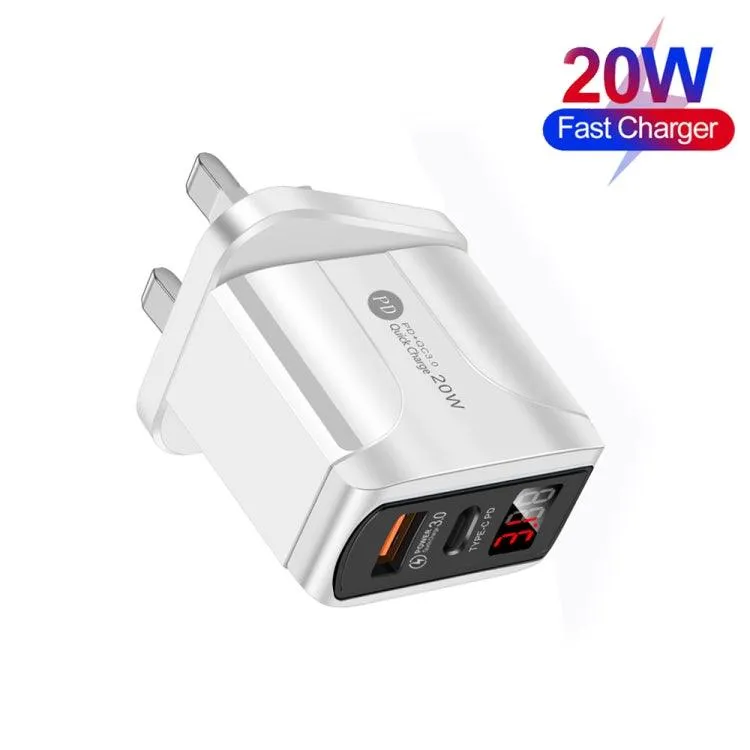 20W QC3.0 USB Fast Charger with LED Display & USB Type-C Data Cable, UK Plug