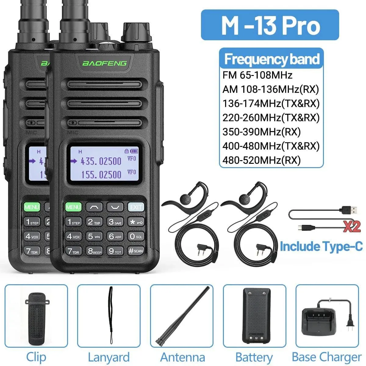 2PCS Baofeng M-13 Pro Air Band Walkie Talkie Wireless Copy Frequency NOAA Type-C AM FM Long Range UV-5R Ham Two Way Radio