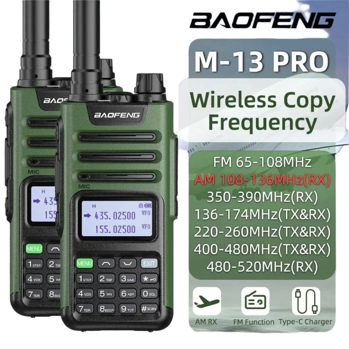 2PCS Baofeng M-13 Pro Air Band Walkie Talkie Wireless Copy Frequency NOAA Type-C AM FM Long Range UV-5R Ham Two Way Radio