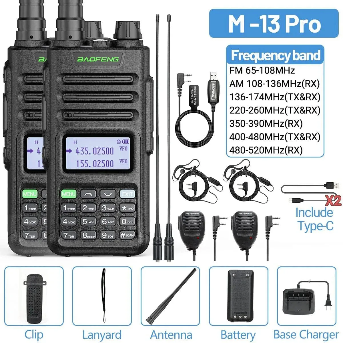 2PCS Baofeng M-13 Pro Air Band Walkie Talkie Wireless Copy Frequency NOAA Type-C AM FM Long Range UV-5R Ham Two Way Radio