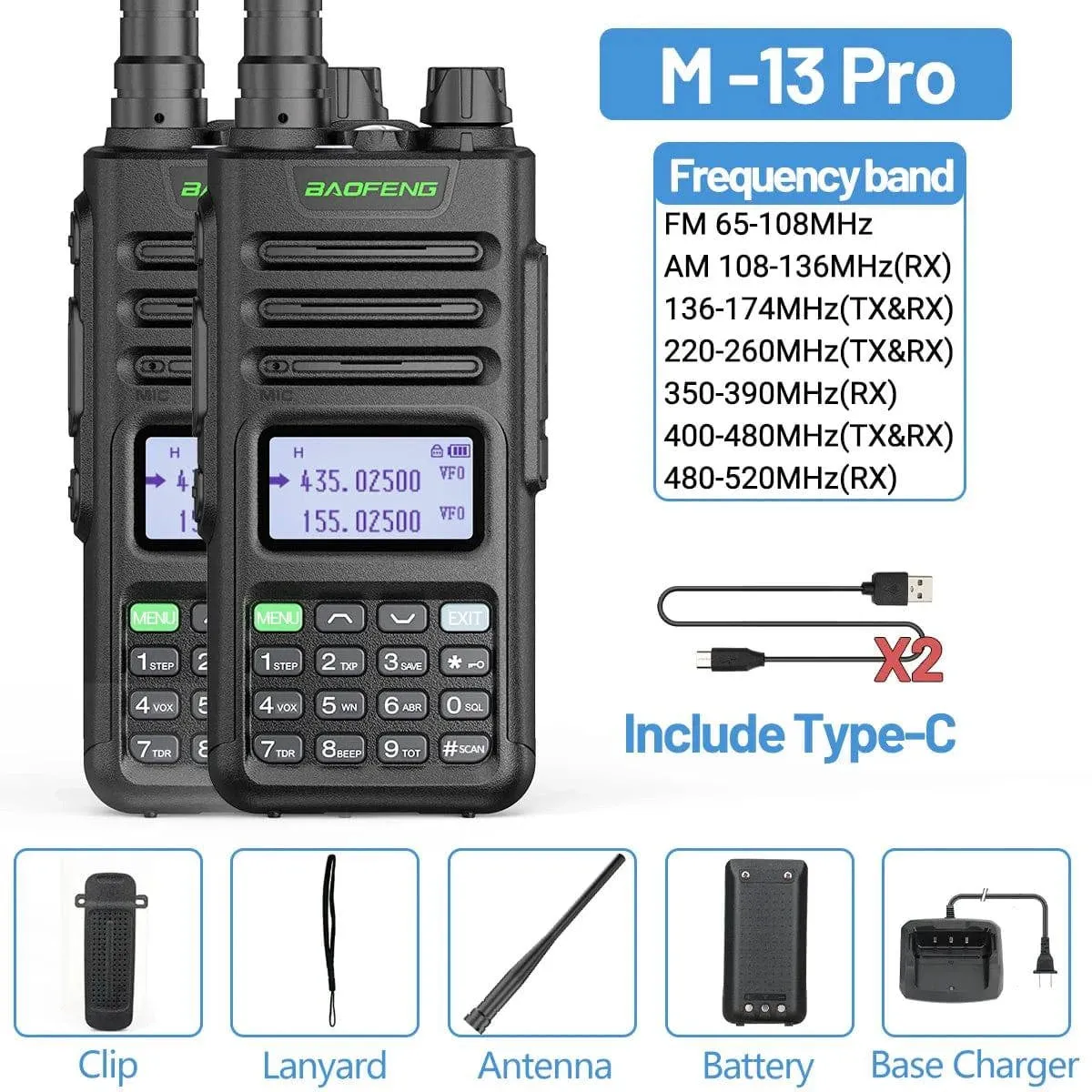 2PCS Baofeng M-13 Pro Air Band Walkie Talkie Wireless Copy Frequency NOAA Type-C AM FM Long Range UV-5R Ham Two Way Radio