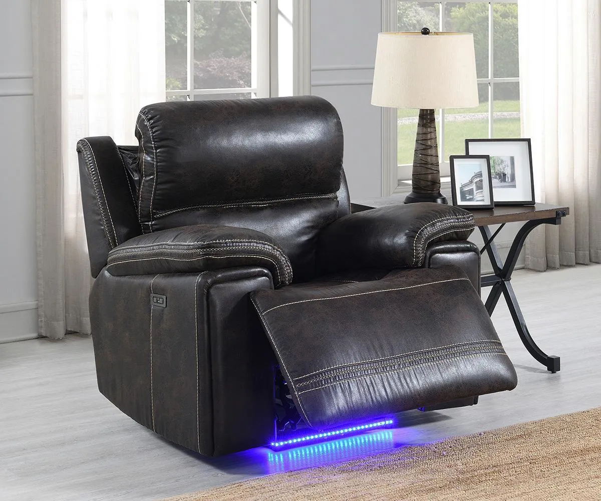 3 PC Brown Leather Power Recliner Sofa Set With Power Headrests, Drop Down Tray, Storage & LED Lights- Model Beckley