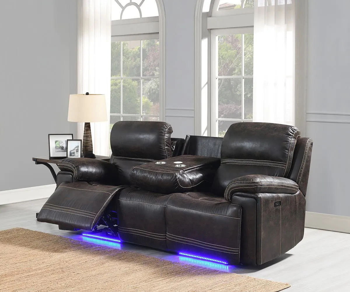 3 PC Brown Leather Power Recliner Sofa Set With Power Headrests, Drop Down Tray, Storage & LED Lights- Model Beckley