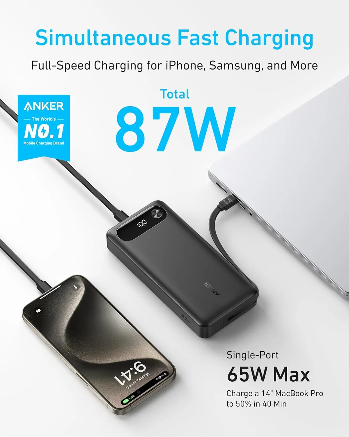 A1383H11 Anker Power Bank (20K, 87W, Built-In UBS-C Cable) - Black