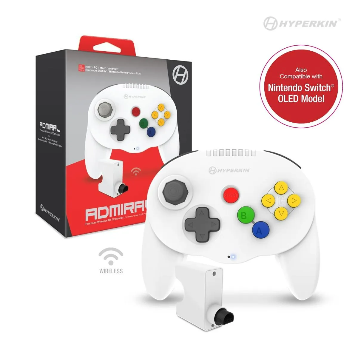 Admiral Premium wireless BT controller for N64/ Nintendo Switch/ Nintendo Switch Lite/ PC/ Mac/ Android - White | Hyperkin