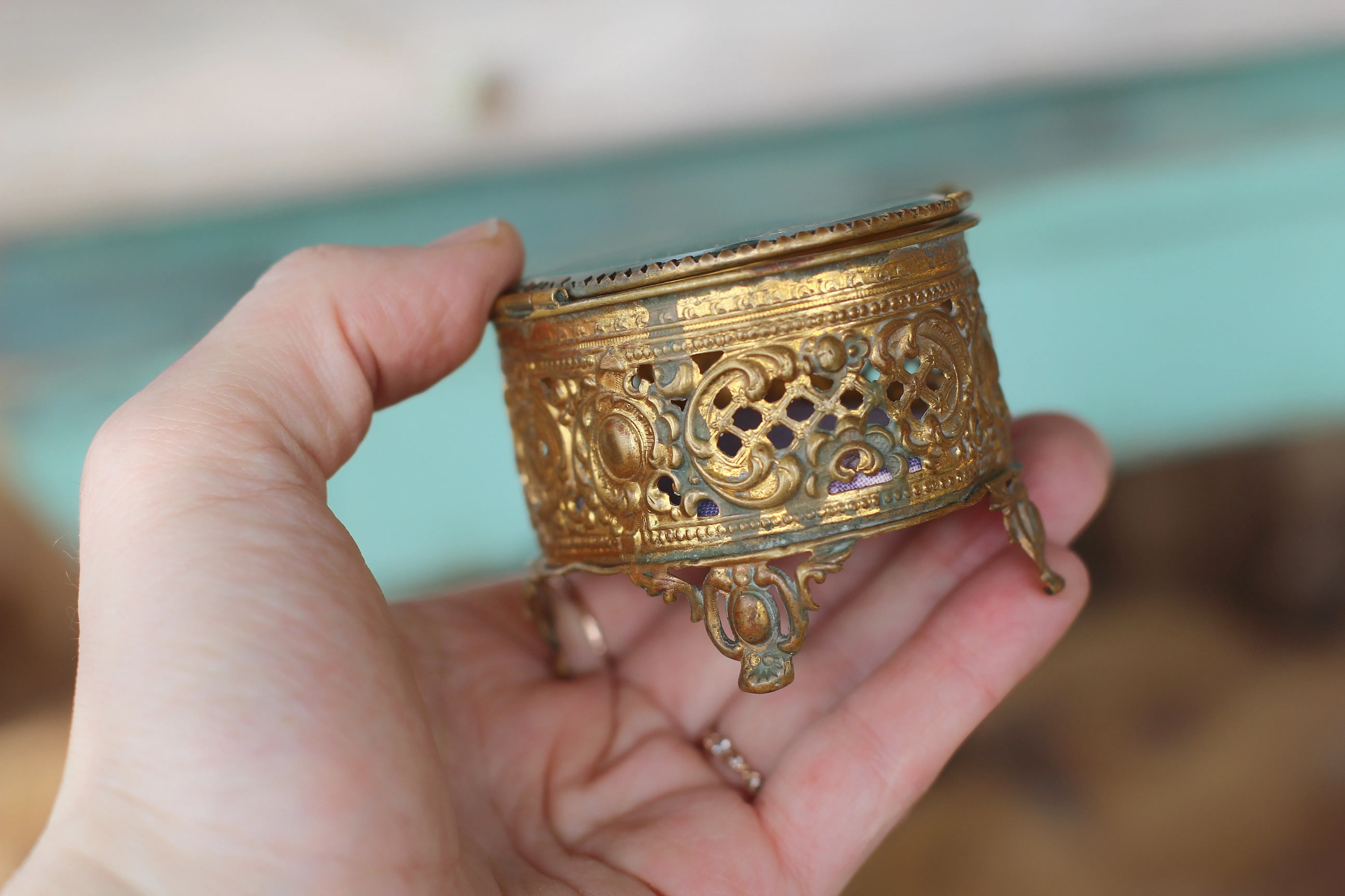 Antique Miniature Bronze Purple Paddjng Jewelry Box