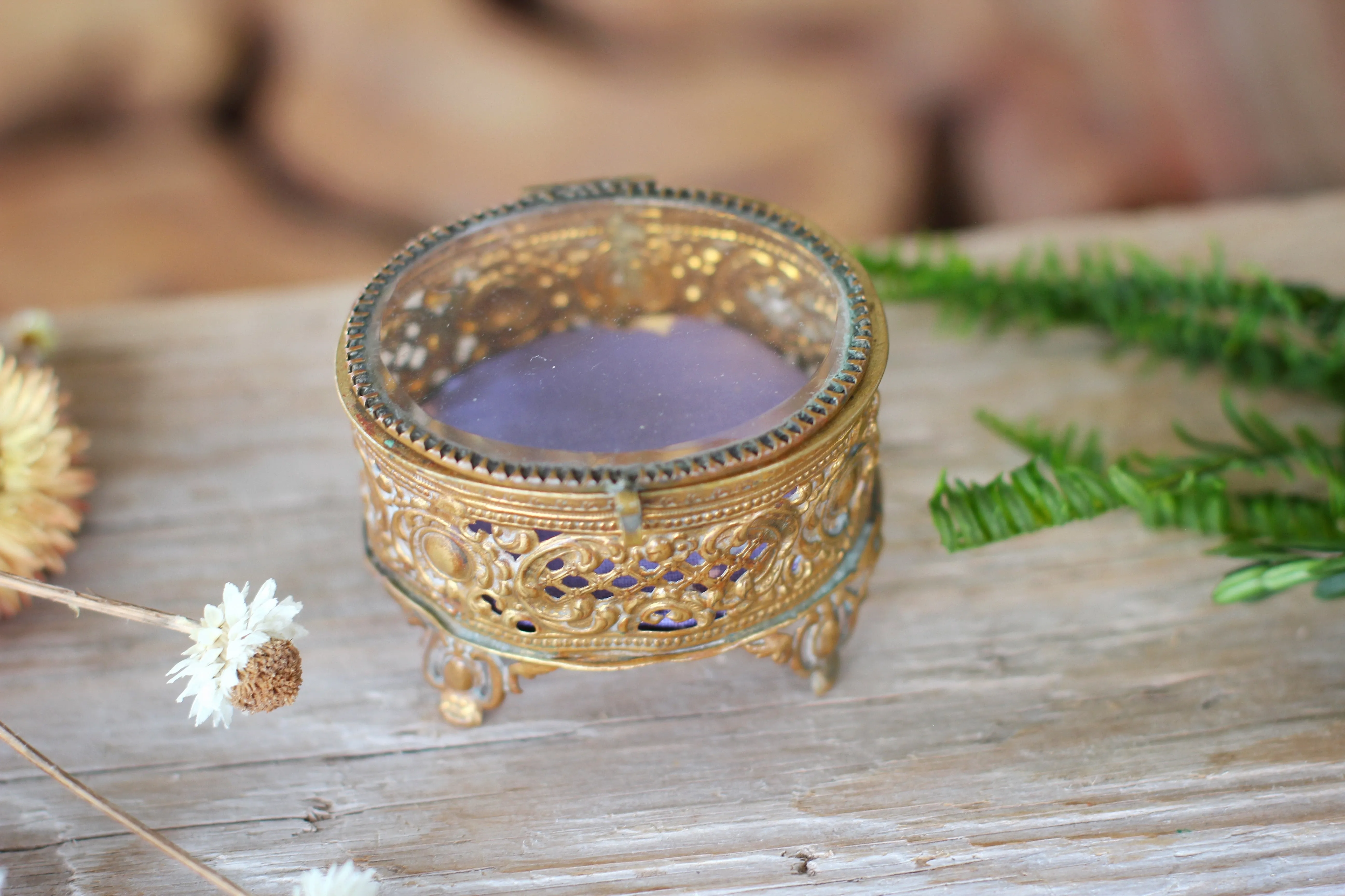 Antique Miniature Bronze Purple Paddjng Jewelry Box