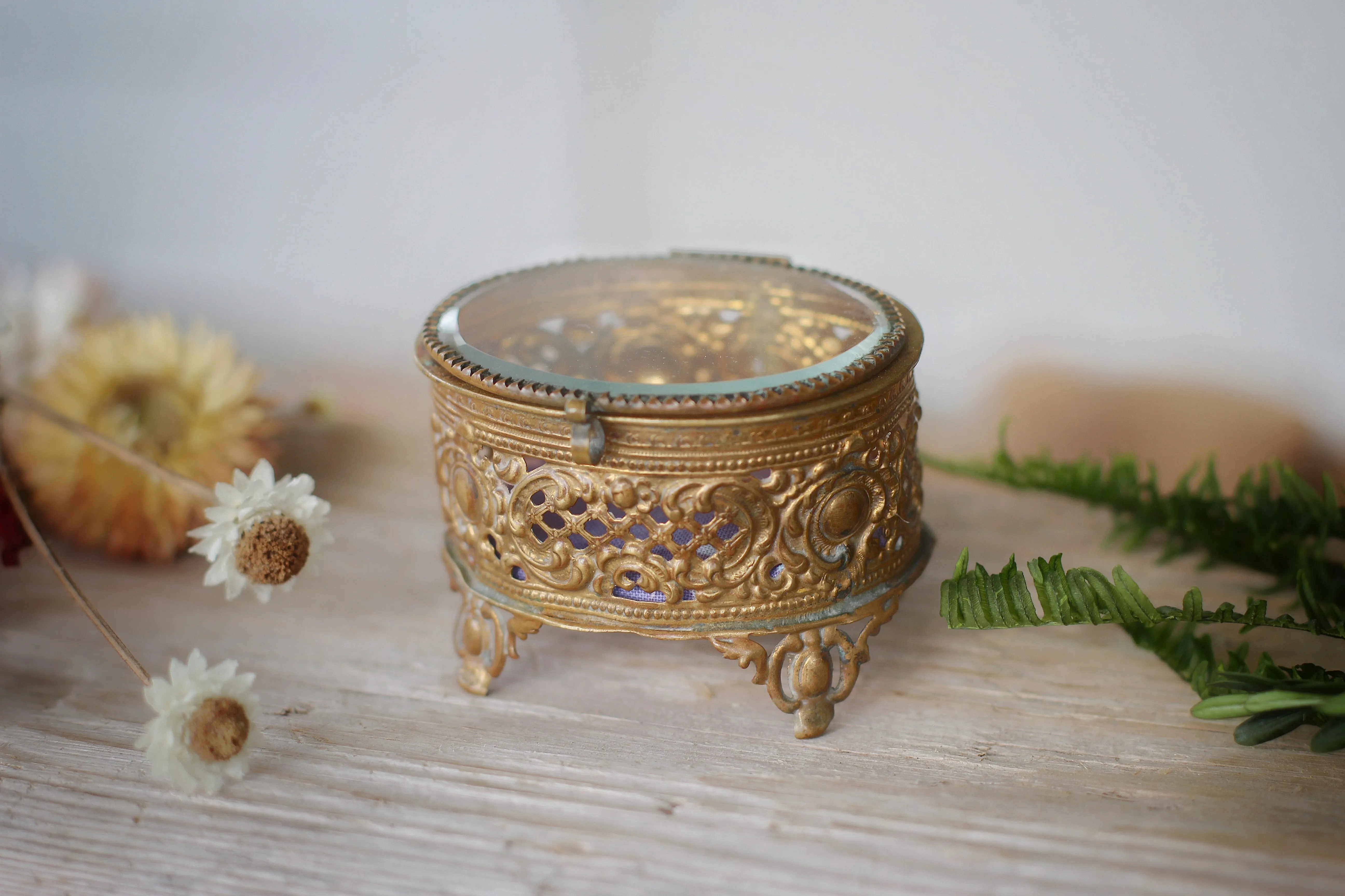 Antique Miniature Bronze Purple Paddjng Jewelry Box