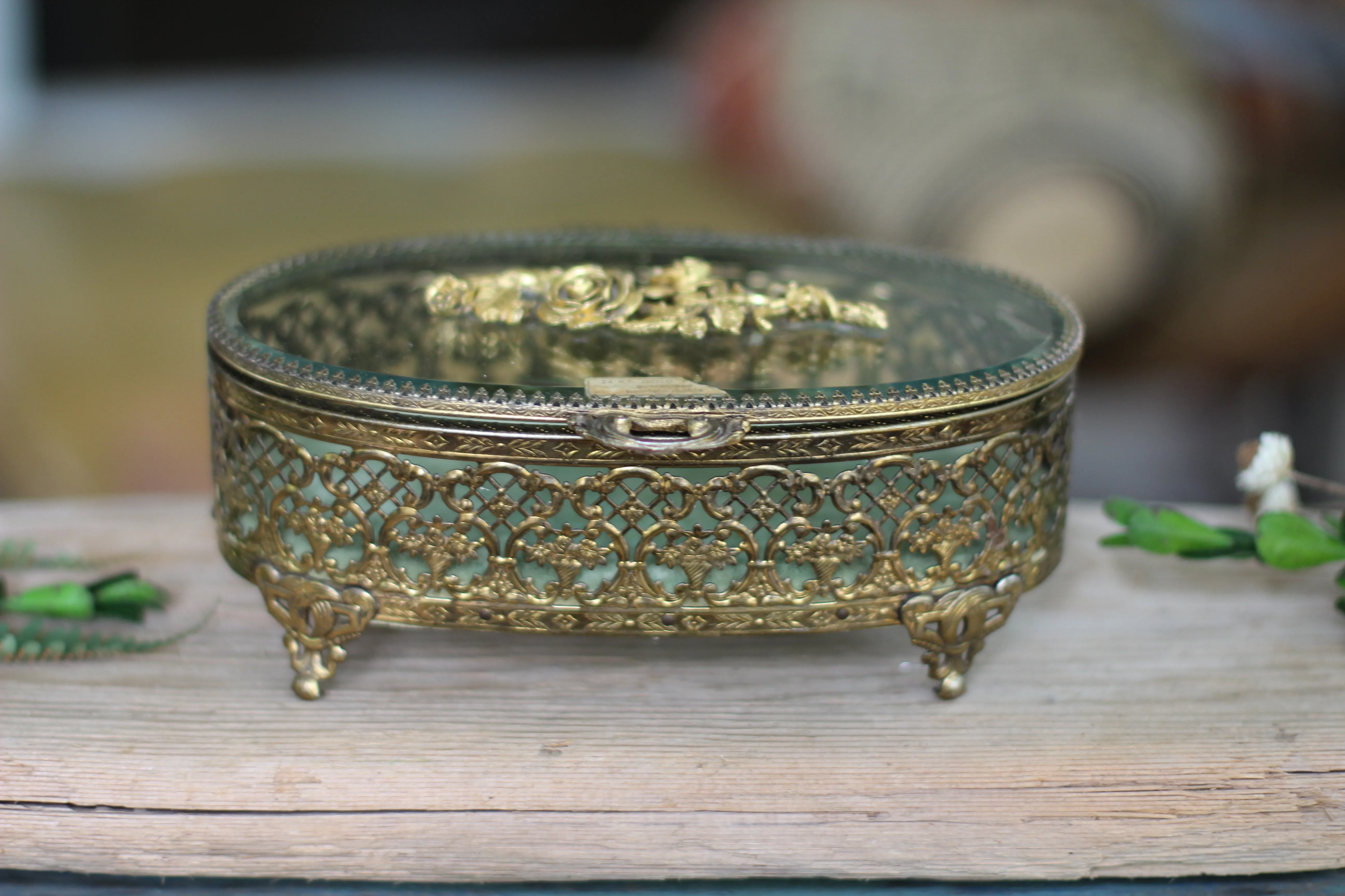 Antique Turquoise Oval Roses Jewelry Box