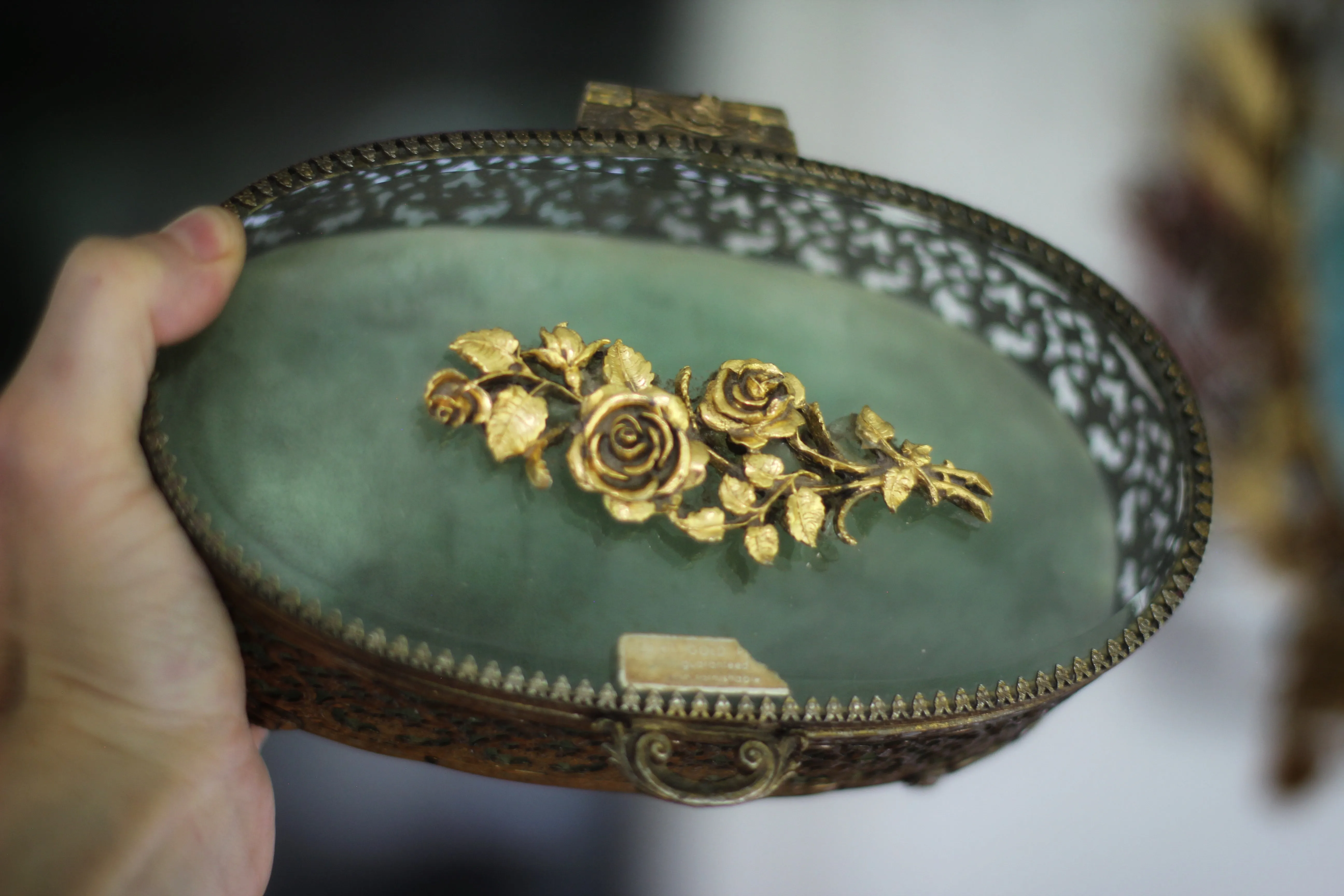 Antique Turquoise Oval Roses Jewelry Box