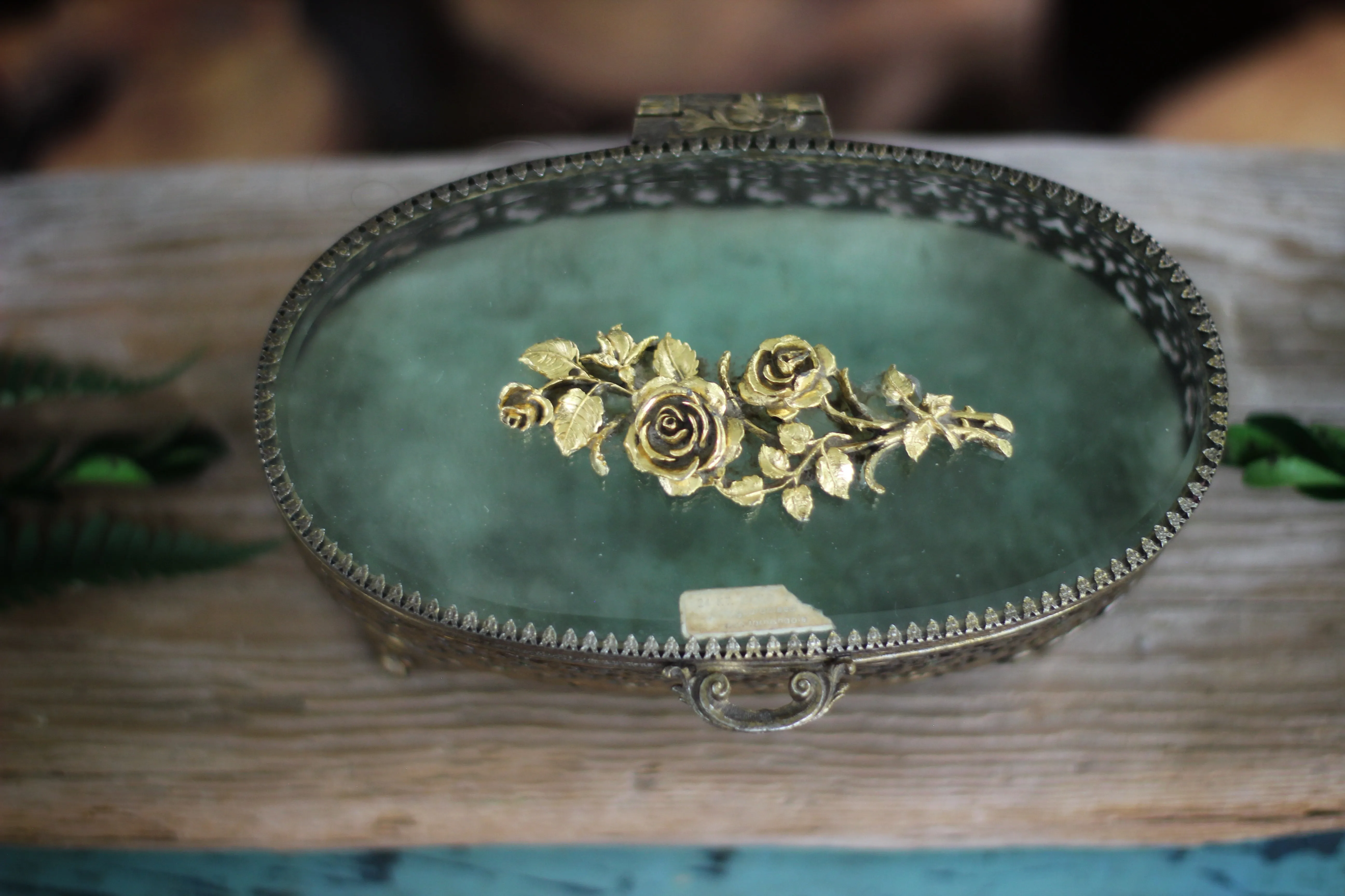 Antique Turquoise Oval Roses Jewelry Box