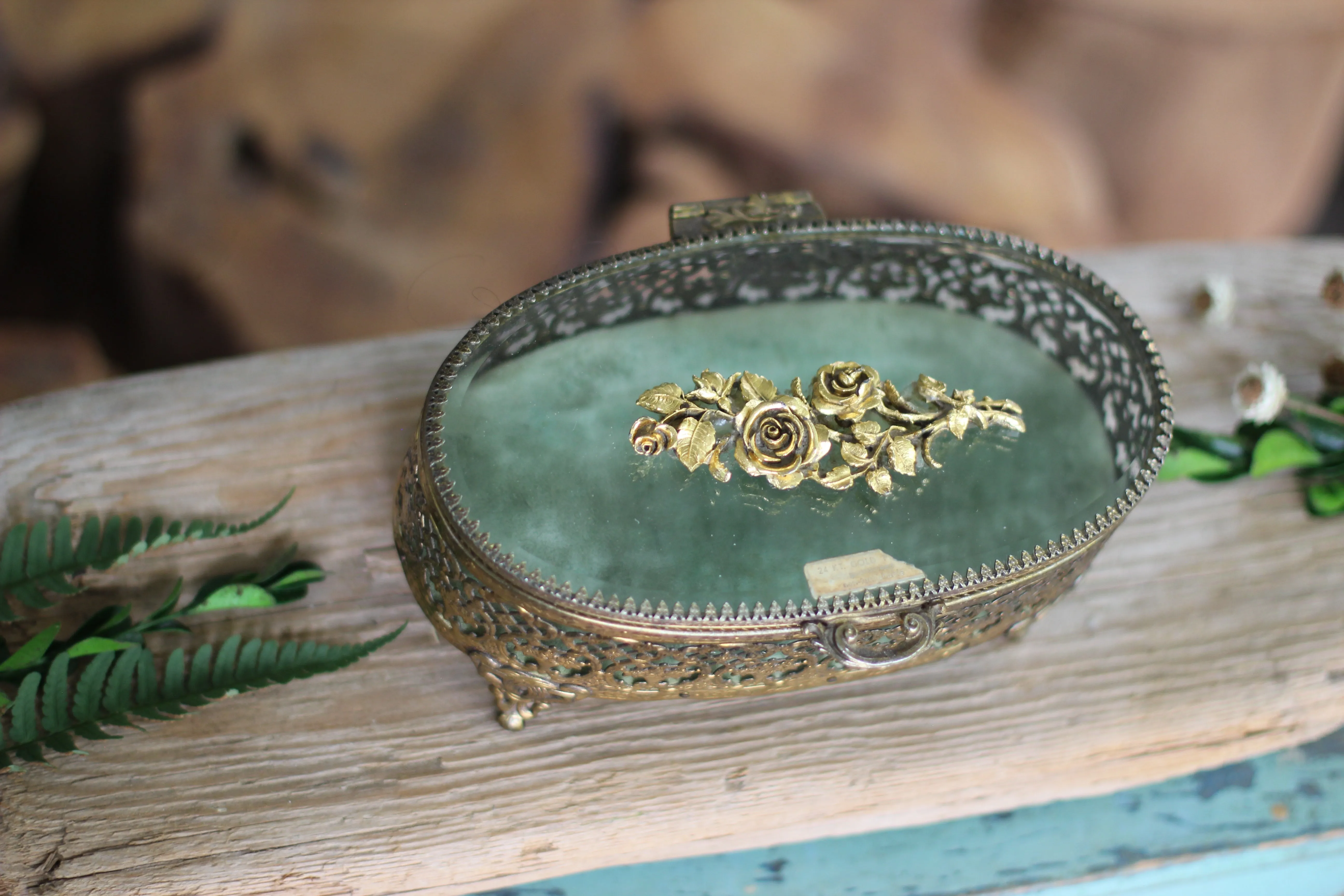 Antique Turquoise Oval Roses Jewelry Box