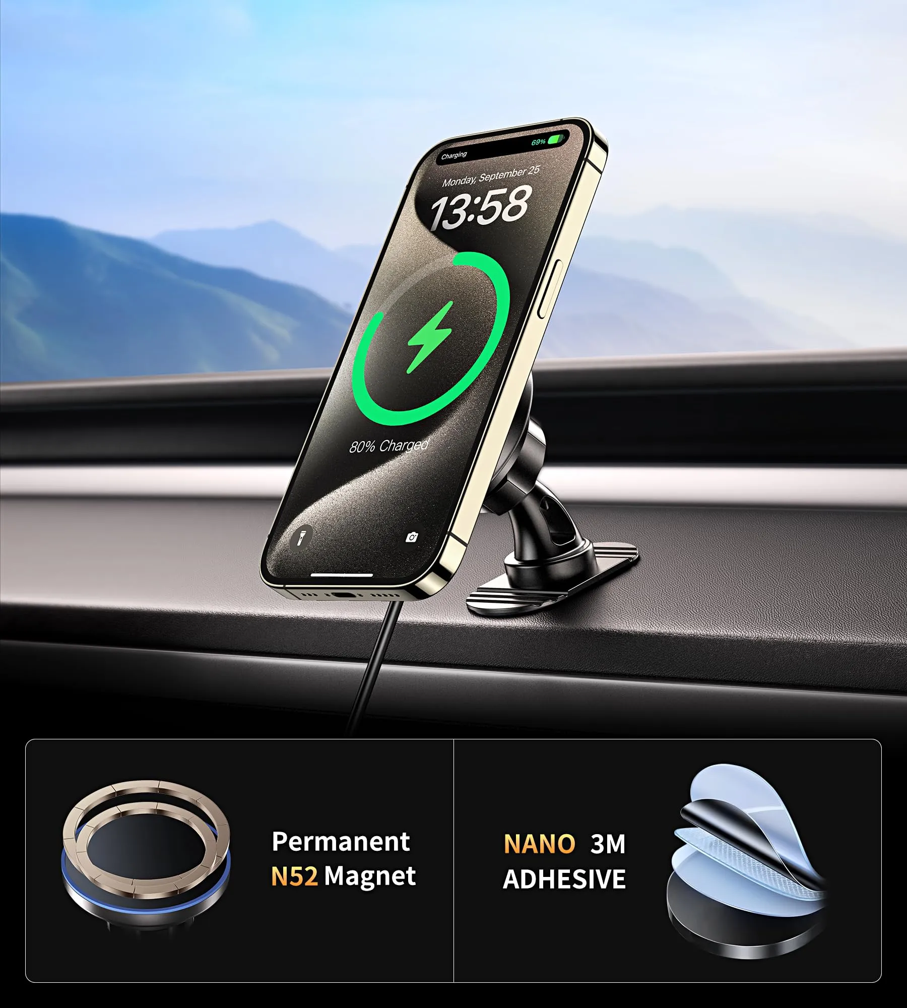 BHHB for iPhone 16 Magsafe Car Mount Charger, [2024 New] 15W 2in1 Magnetic Wireless Car Charger, fits for Magsafe Car Charger, Vent/Dashboard Phone Holder Mount for iPhone 16 15 14 13 12 Series