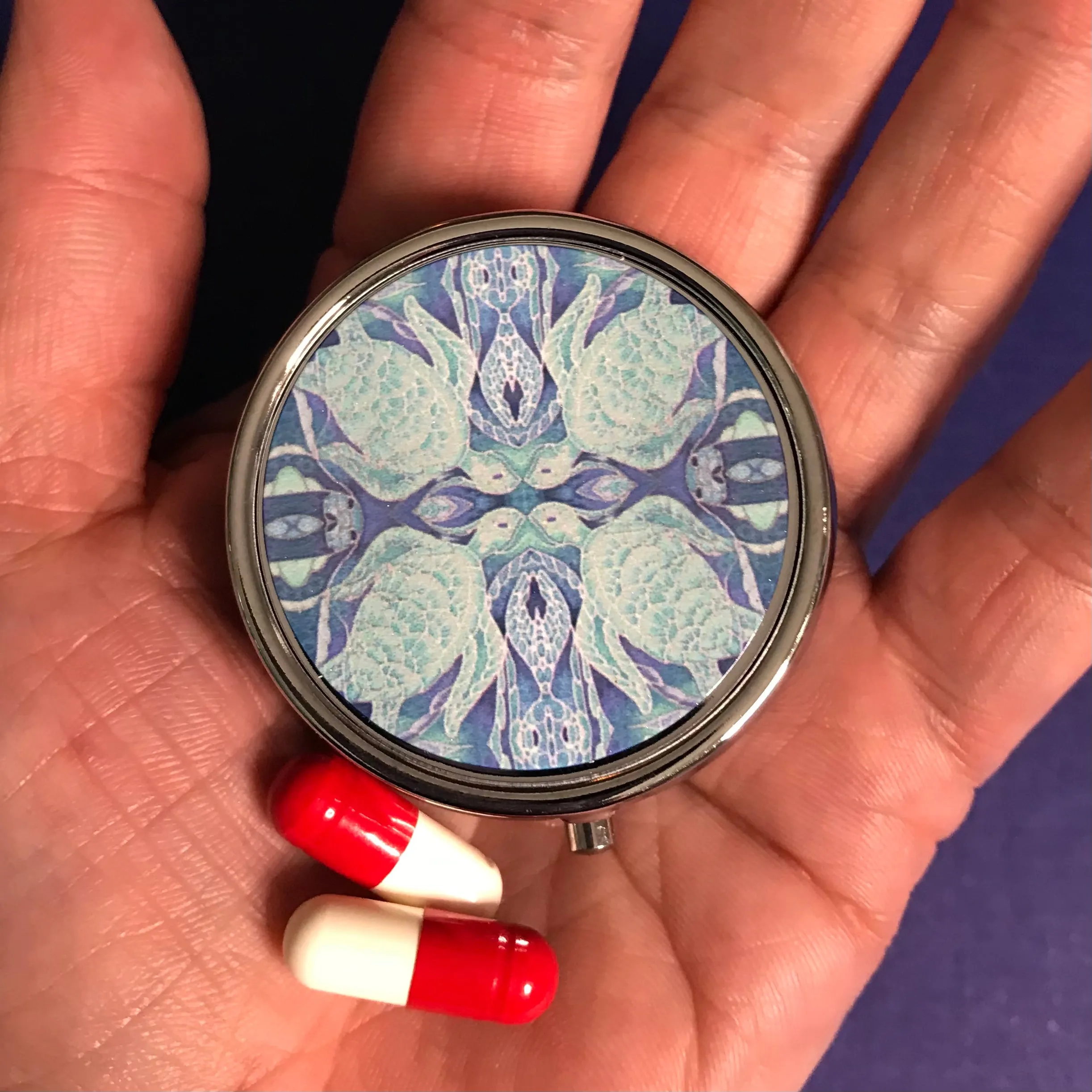 Blue Green Turtles Pill Box - Pretty Art Nouveau Style Blue Round Box - Stud Earing Jewellery Box