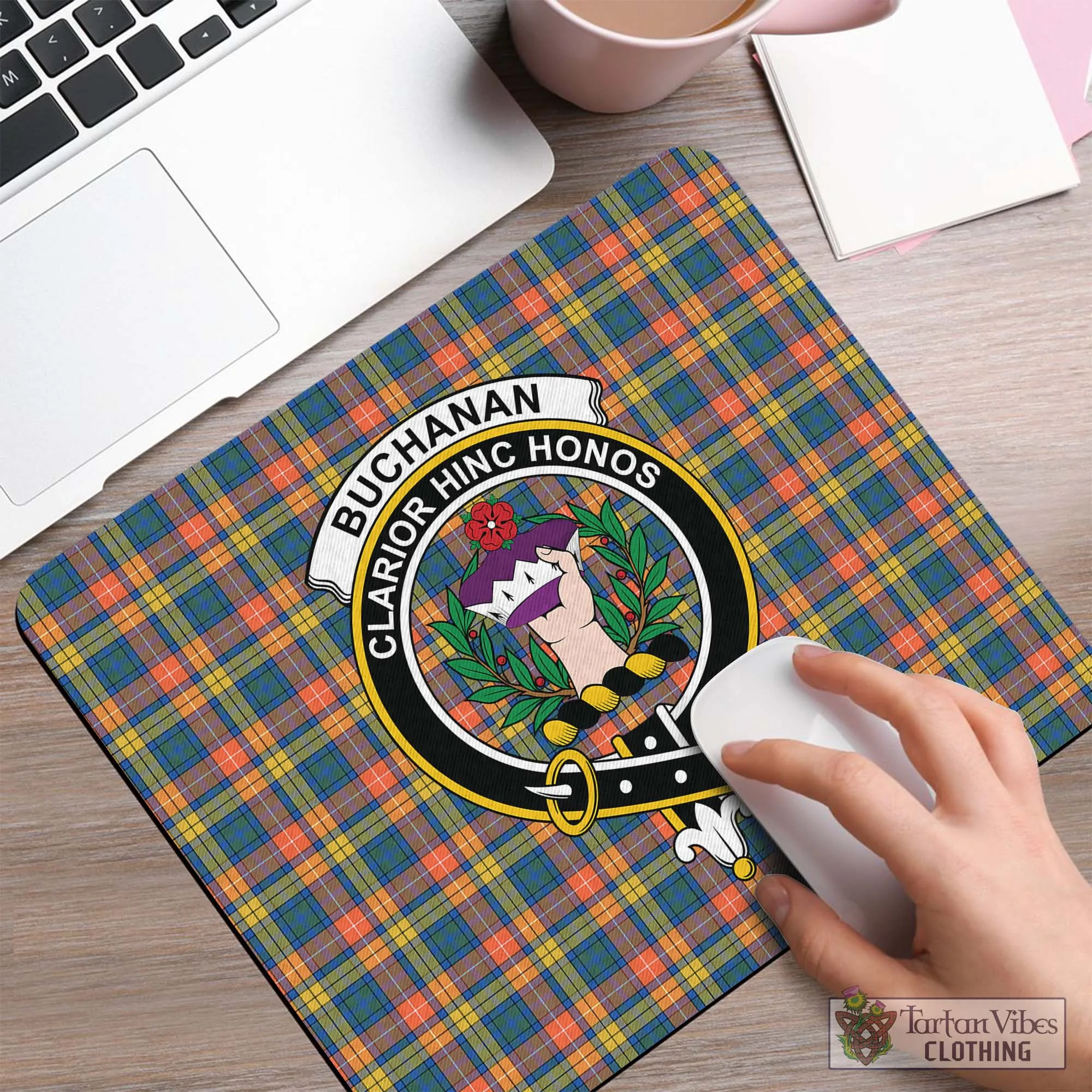 Buchanan Ancient Tartan Mouse Pad with Family Crest