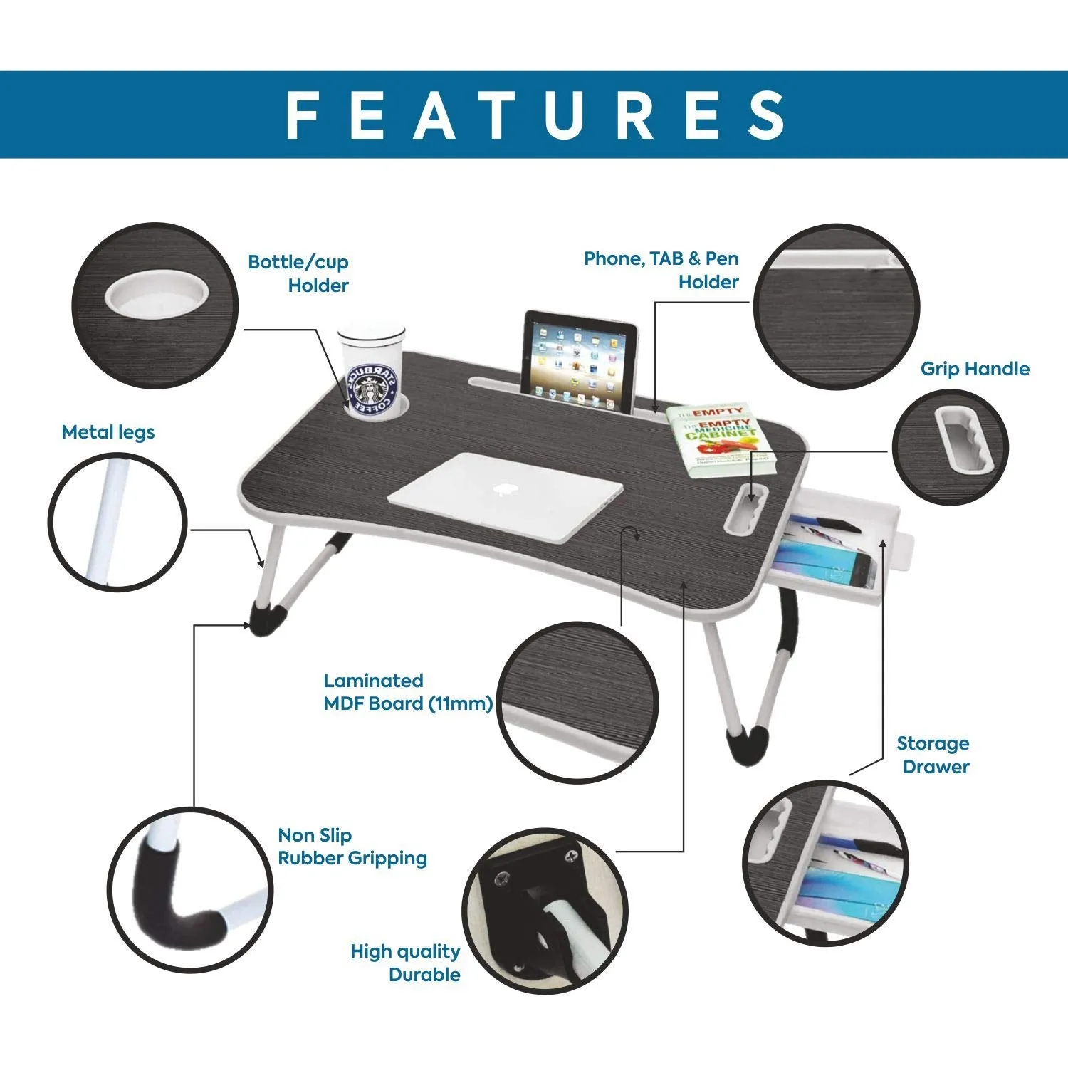 Callas Multipurpose Foldable Laptop Table with Cup Holder | Drawer | Mac Holder | Study Table, Breakfast Table, Foldable and Portable/Ergonomic & Rounded Edges/Non-Slip Legs (WA-27-Black) | Metal