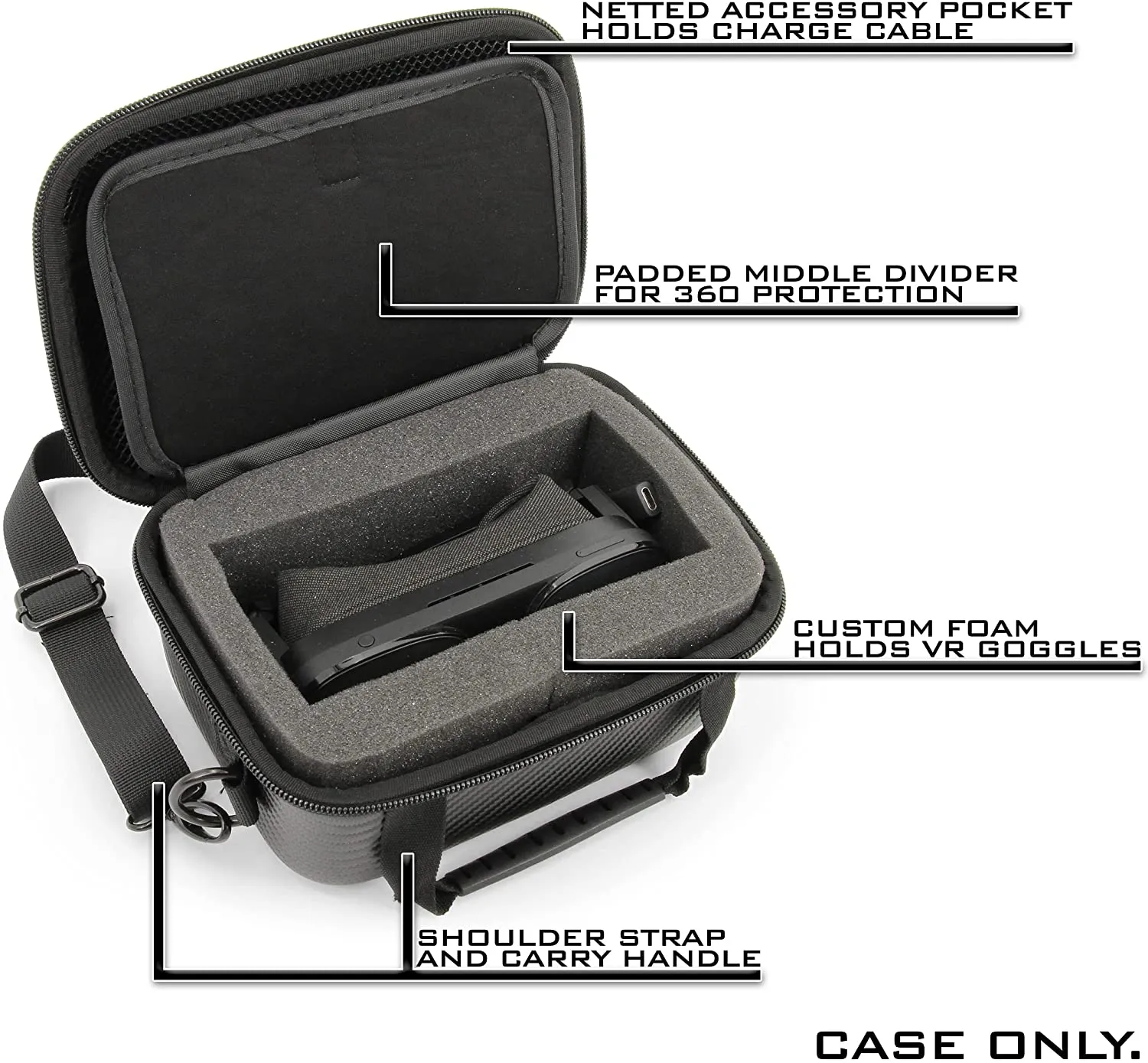 CASEMATIX Carry Case Compatible with HTC Vive Flow VR Glasses Hands-on Headset and Charge Cable - Case Only with Handle and Shoulder Strap