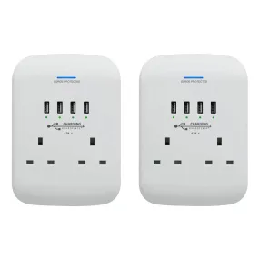 Charging Essentials Twin Socket Adaptor Surge Protected with 4 USB Chargers- Pack of 2