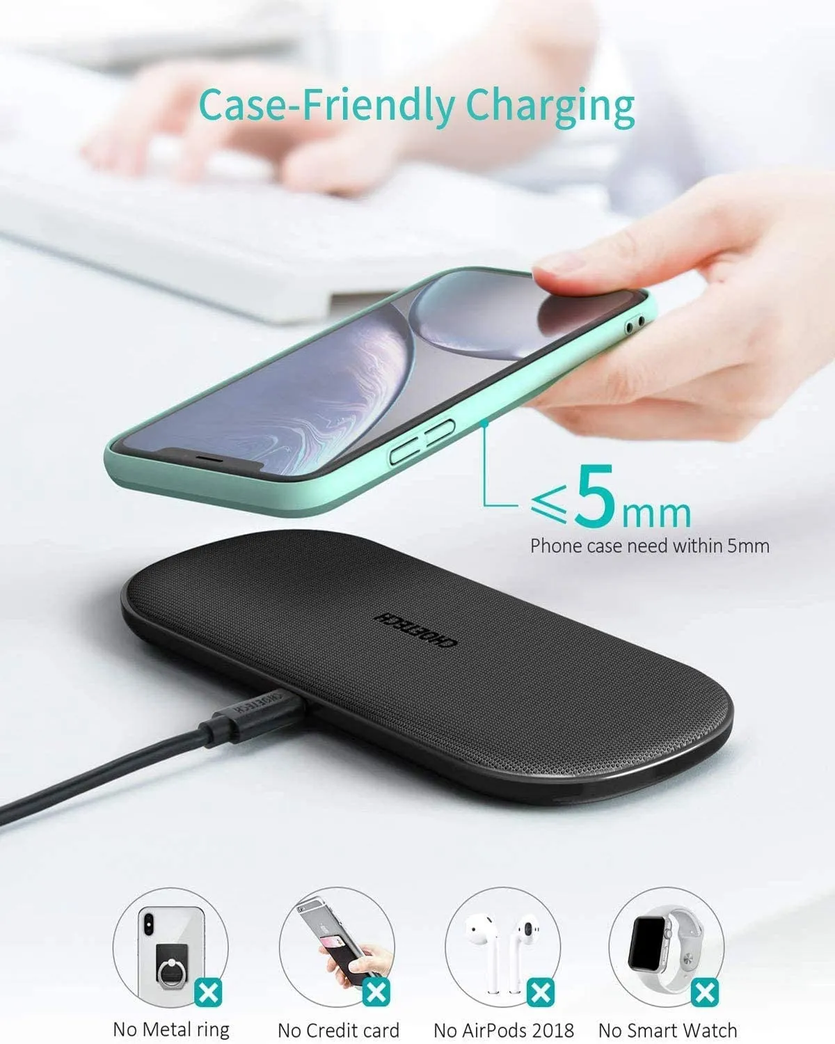 CHOETECH Dual Fast Wireless Charger 5 Coils Qi Certified Charging Pad