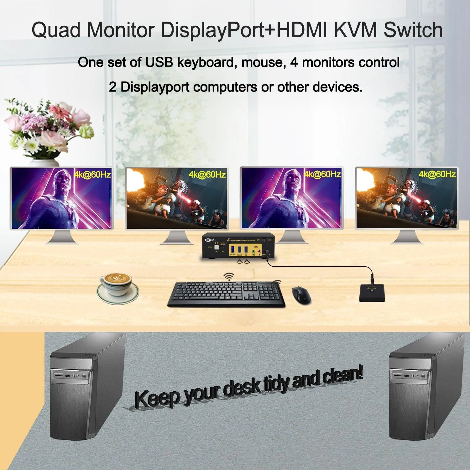 CKL 2 Port KVM Switch Quad Monitor DisplayPort 4K 60Hz for 2 Computers 4 Monitors,  2 DP Input to 2 DP   2 HDMI Outputs for Each PC via DP 1.4 MST (624DH-MST)