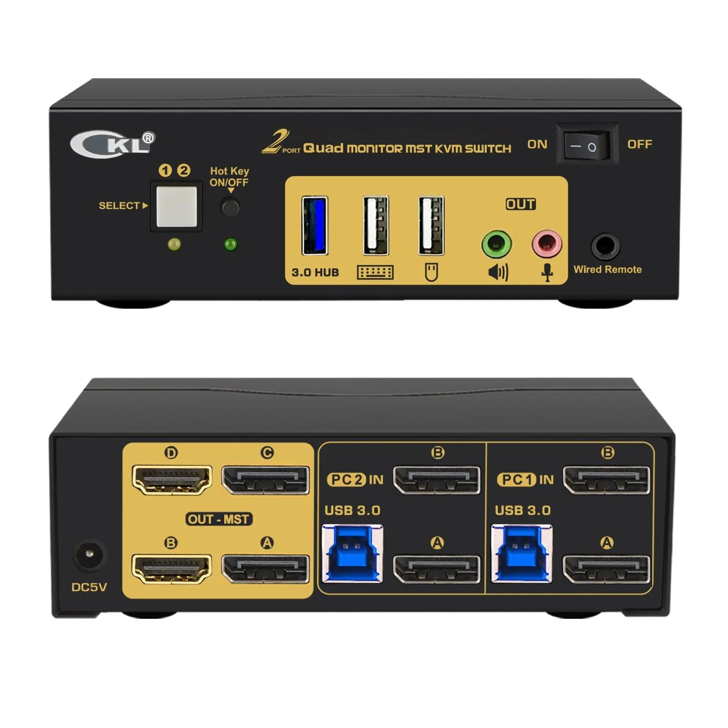 CKL 2 Port KVM Switch Quad Monitor DisplayPort 4K 60Hz for 2 Computers 4 Monitors,  2 DP Input to 2 DP   2 HDMI Outputs for Each PC via DP 1.4 MST (624DH-MST)