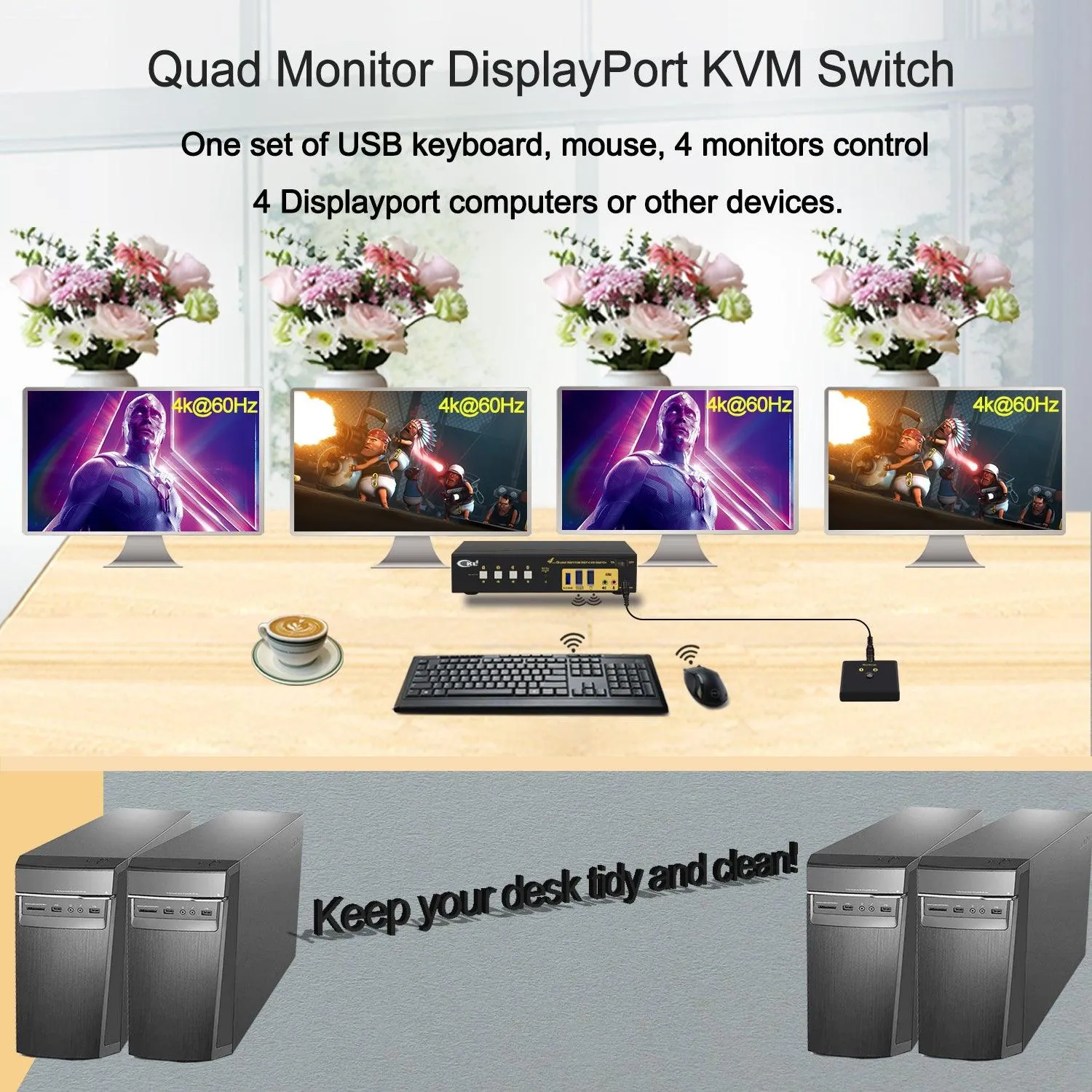 CKL 4 Port KVM Switch Quad Monitor DisplayPort 4K 60Hz for 4 Computers 4 Monitors, 2 DP Input to 4 DP Outputs for Each PC via DP 1.4 MST (644DP-MST)