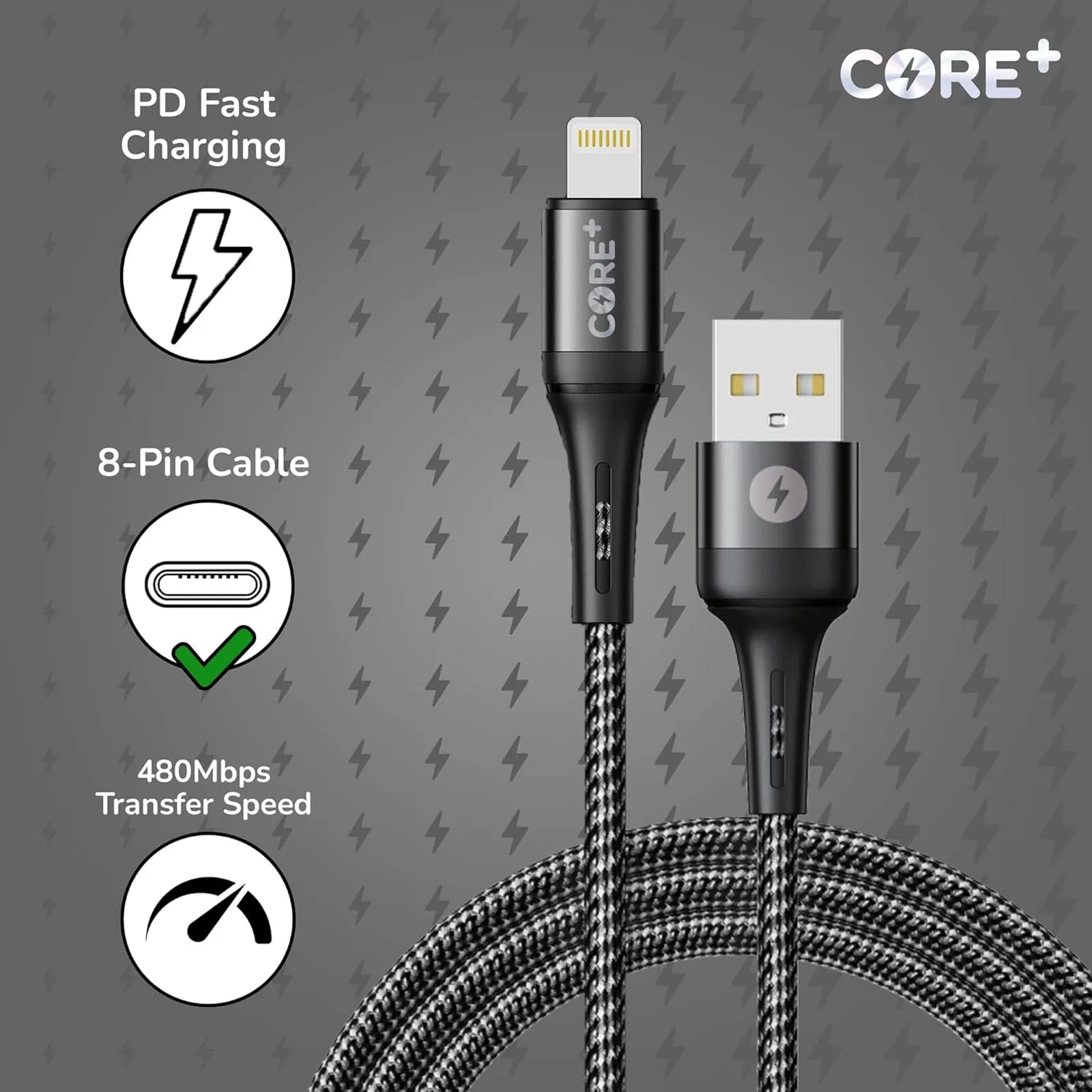 Core  1.5m 8-Pin Charger Cable 2.4A 12W