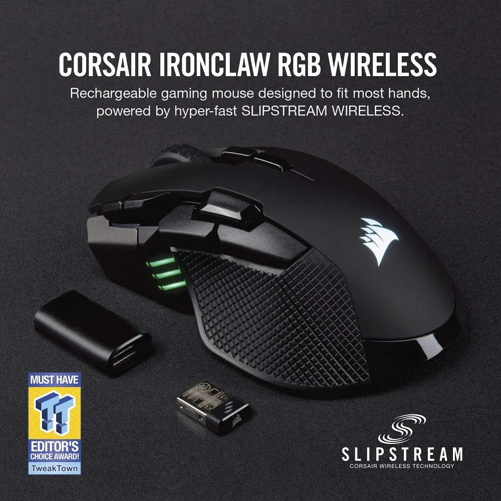 Corsair Mouse Ironclaw Wireless RGB - FPS and MOBA Gaming Mouse - 18,000 DPI Optical Sensor - Sub-1 ms SLIPSTREAM Wireless