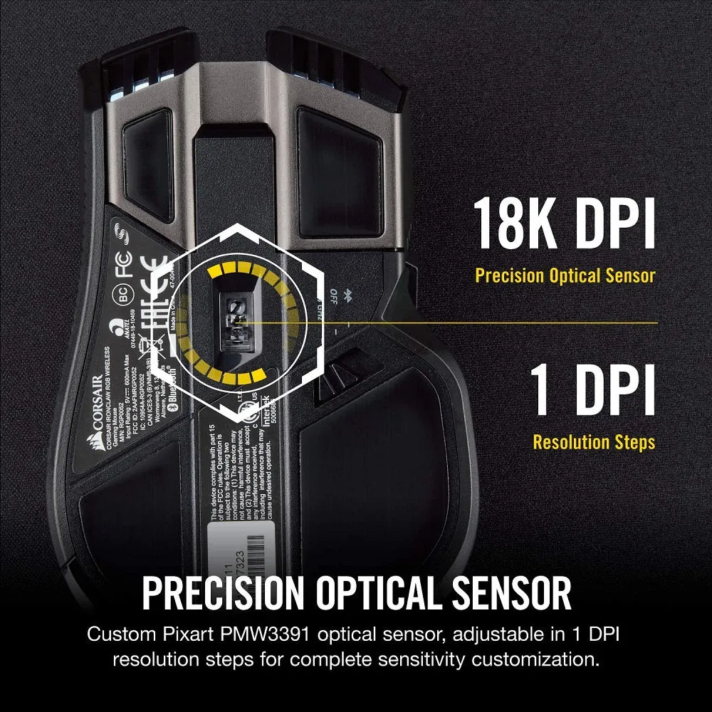 Corsair Mouse Ironclaw Wireless RGB - FPS and MOBA Gaming Mouse - 18,000 DPI Optical Sensor - Sub-1 ms SLIPSTREAM Wireless