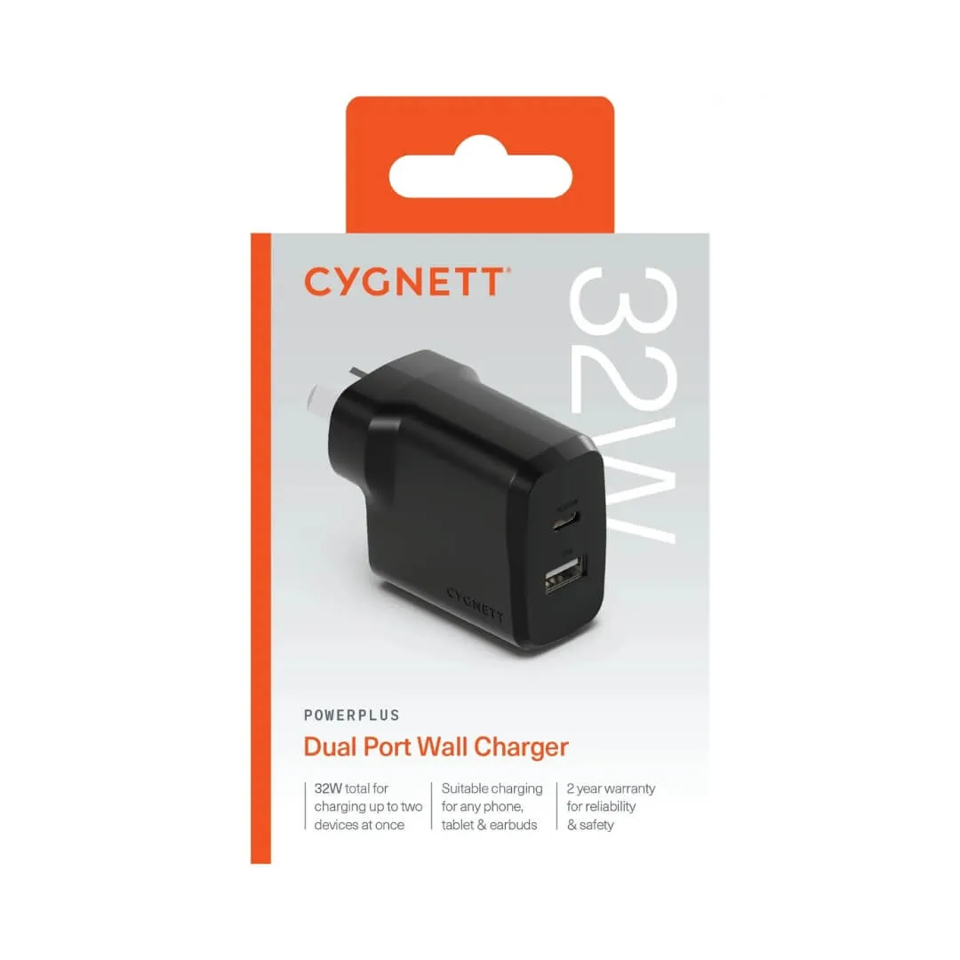 Cygnett PowerPlus 32W USB-C Dual Port Wall Charger - Black