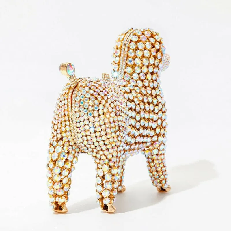 Designer Dog Shaped Crystal Evening Handbag in Golden Beads