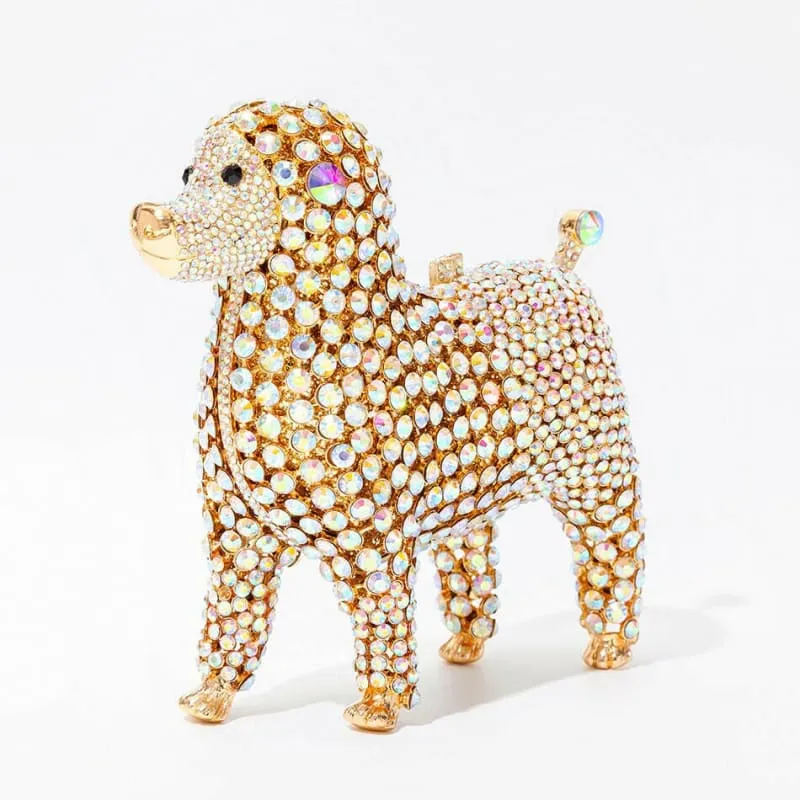 Designer Dog Shaped Crystal Evening Handbag in Golden Beads