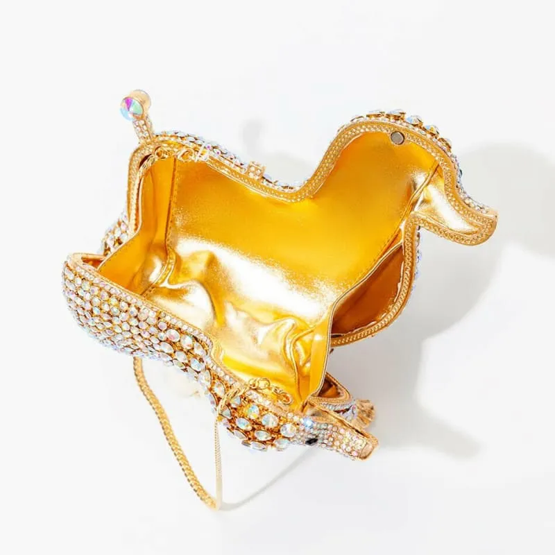 Designer Dog Shaped Crystal Evening Handbag in Golden Beads