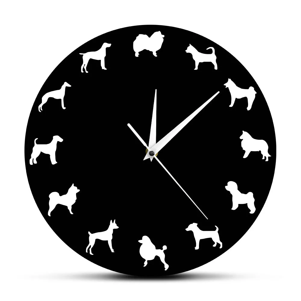 Different Dog Breeds Minimalist Design Modern Wall Clock Nursery Kid Room Puppy Pets Wall Decor Clock Watch Vet Clinic Dog Clock