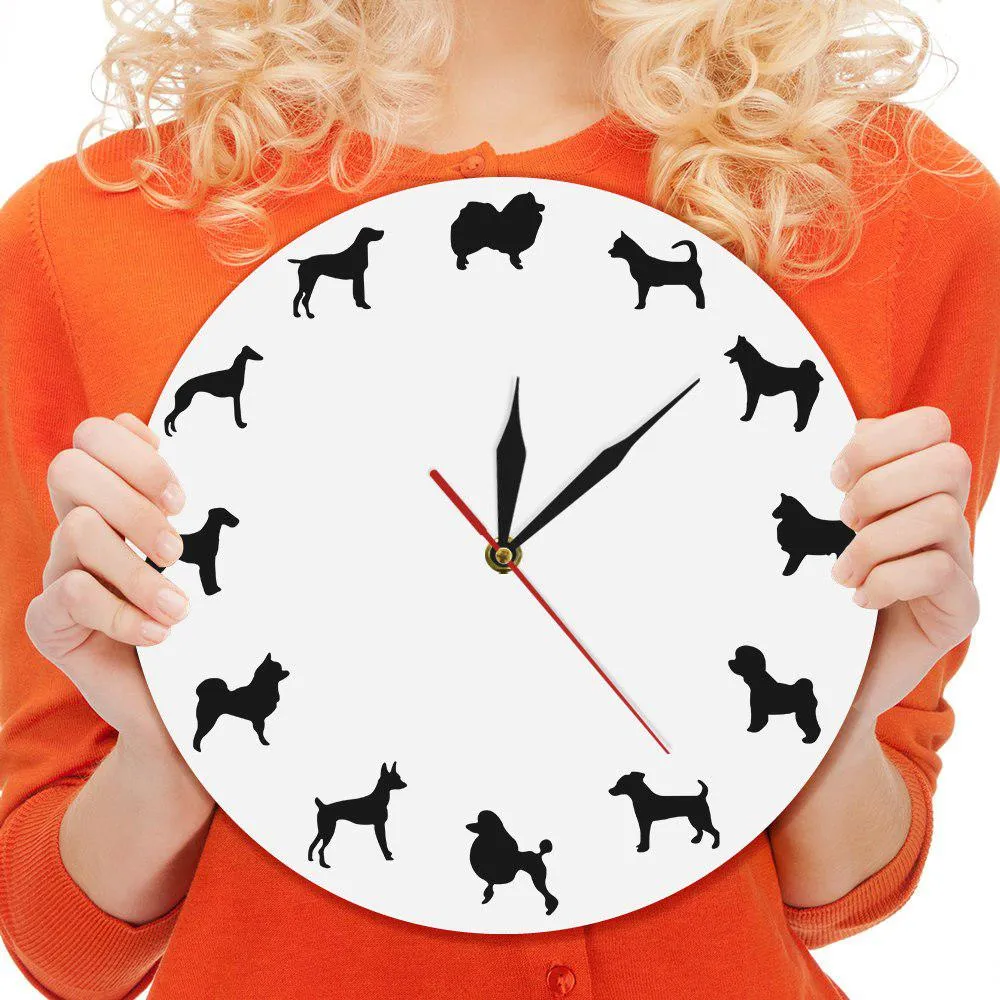 Different Dog Breeds Minimalist Design Modern Wall Clock Nursery Kid Room Puppy Pets Wall Decor Clock Watch Vet Clinic Dog Clock