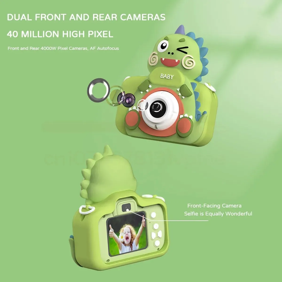 Dino-Themed Electronic Camera for Kids with Selfie Camera (Green)