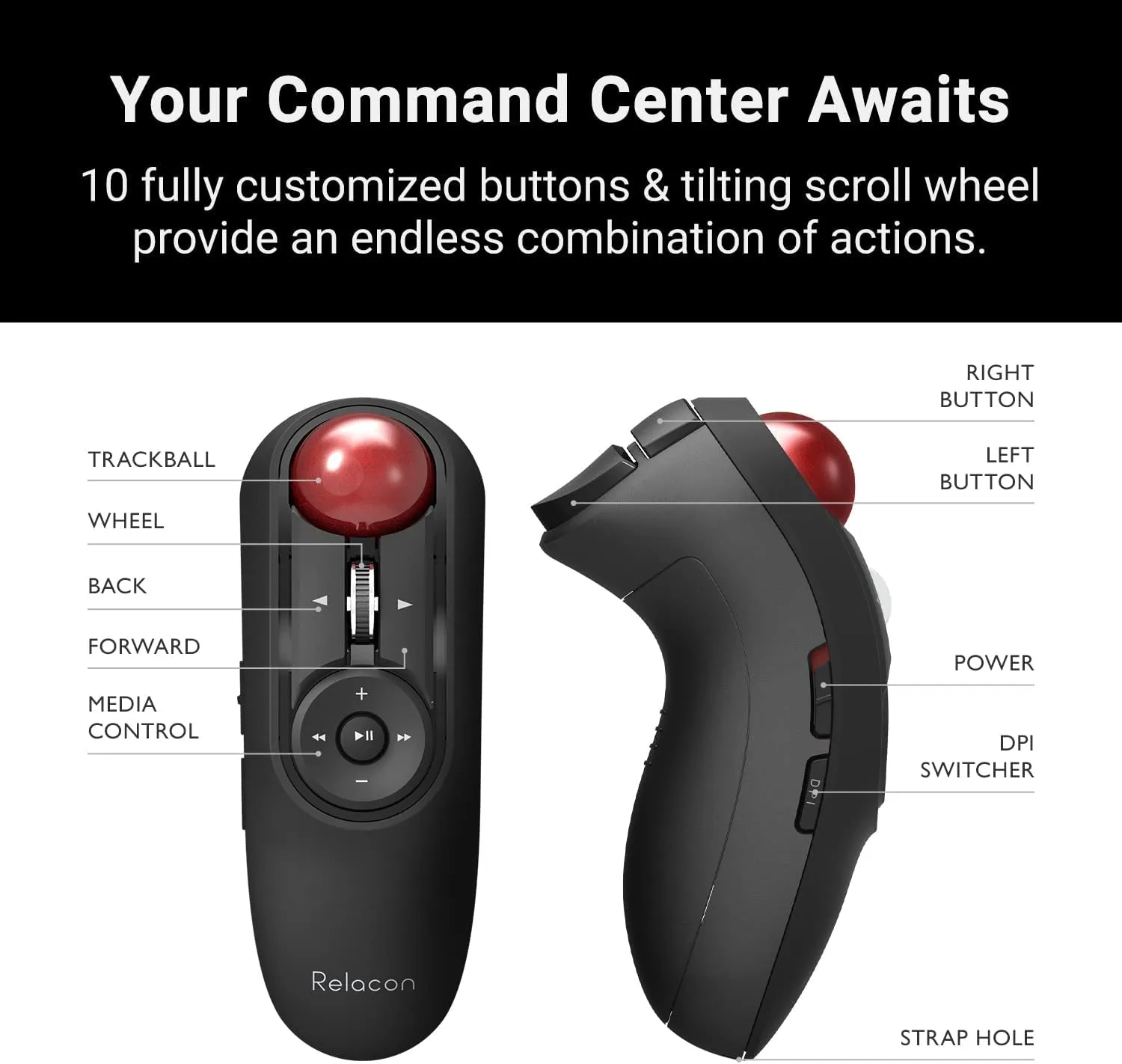 ELECOM Relacon Handheld Trackball Mouse, Thumb Control, Left Right Handed Mice, Bluetooth, 10-Button Function, Ergonomic Design, Optical Gaming Sensor, Smooth Red Ball, Windows11, Macos (M-RT1BRXBK)