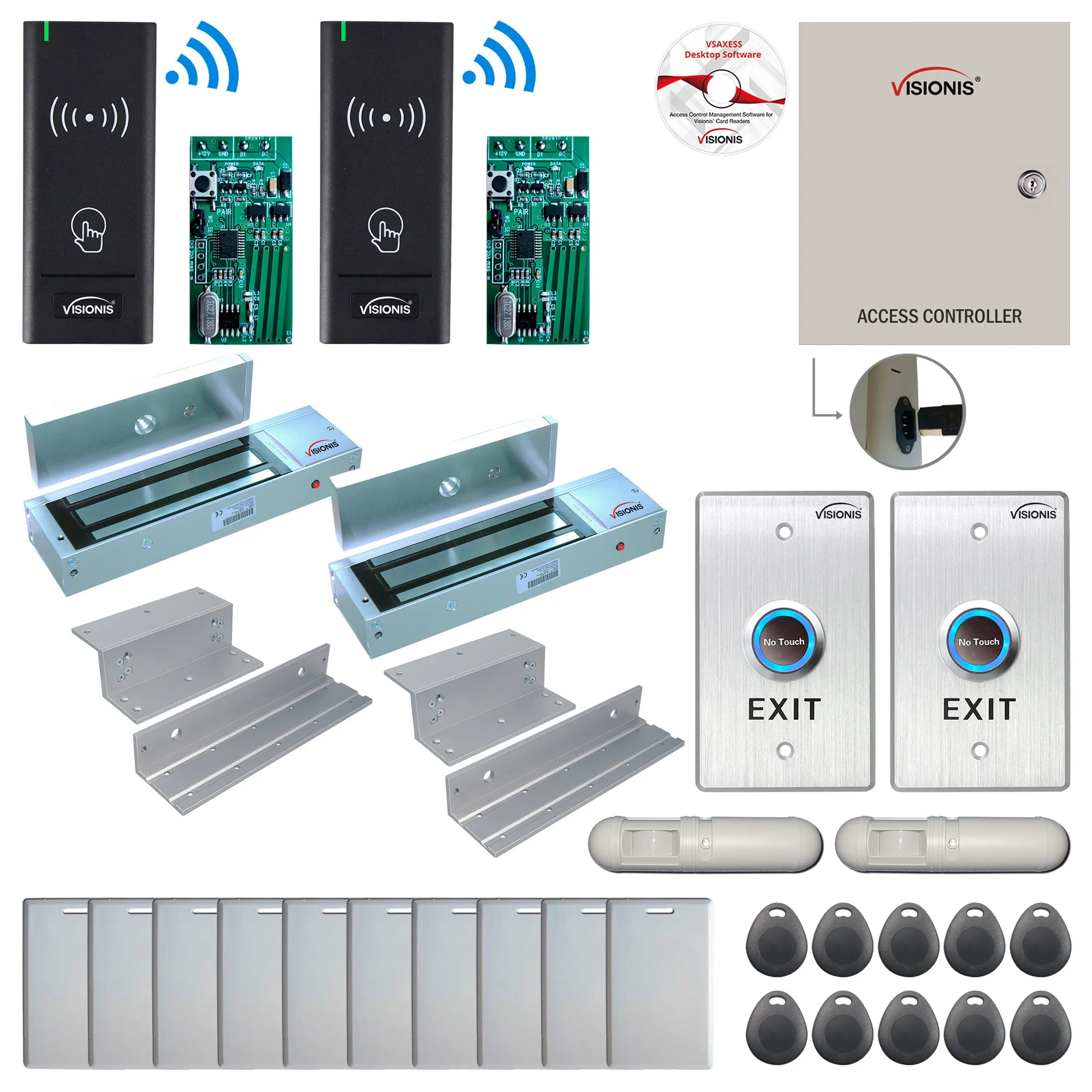 FPC-8984 Two Door Access Control Time Attendance TCP/IP RS485 Wiegand Controller Box   In Swinging Door 1200lb Maglock   Outdoor Wireless Card Reader   Wireless Receiver PCB   PIR Motion Detector